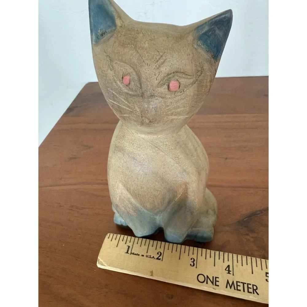 Hand Carved Wooden Cat Vintage Gray Feline Figurine 7